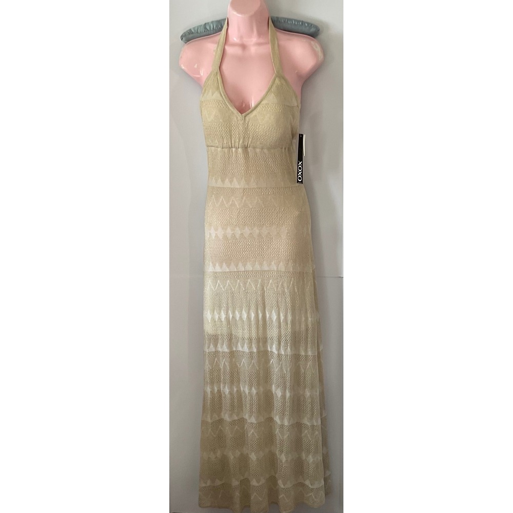 XOXO Womens Champagne Gold Metallic Lurex Halter Maxi Dress 4548XAY1 Size M NWT